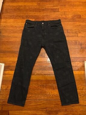 Men's Levi’s 501 Black Patterned Beach graphic faded design Jeans size 36/30